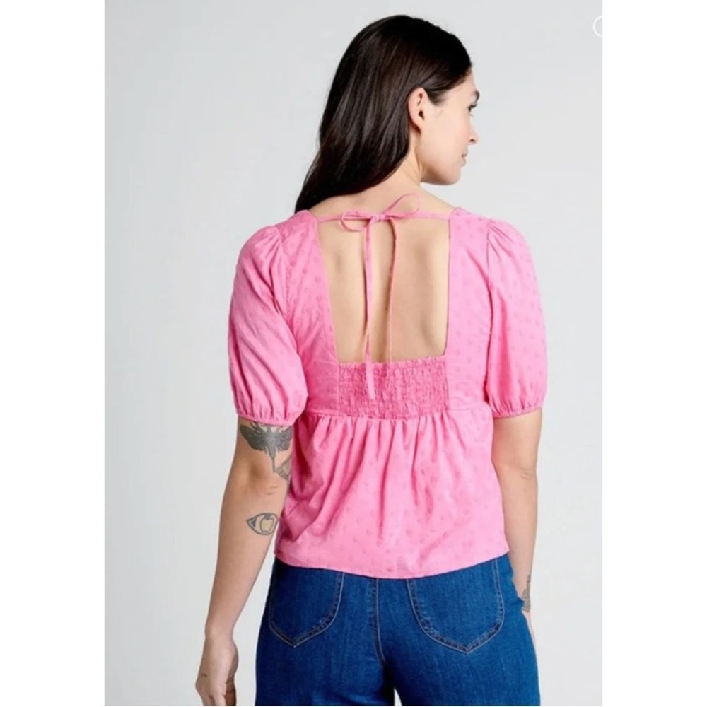 ModCloth Pink Swiss Dot Puff Sleeve Babydoll Top Size L Cottagecore - Picture 2 of 8
